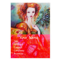 ROMANTIC WOMAN WITH SPARKLING PEACOCK FEATHER Red Business Cards