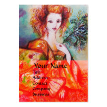 ROMANTIC WOMAN WITH SPARKLING PEACOCK FEATHER Red Business Card Templates
