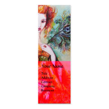 ROMANTIC WOMAN WITH SPARKLING PEACOCK FEATHER Red Business Card