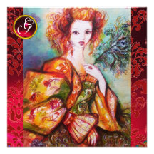 ROMANTIC WOMAN WITH SPARKLING PEACOCK FEATHER, Red Personalized Invitation