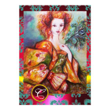 ROMANTIC WOMAN WITH SPARKLING PEACOCK FEATHER,Red Personalized Invites