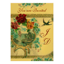 ROMANTİCA 3 ELEGANT GOLD BLUE WEDDING MONOGRAM INVITATION
