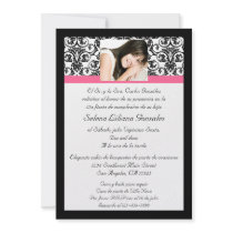 Rosa y negro del damasco de Quinceanera Fushcia Invitaciones Personales