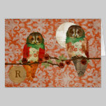 Rose Owls Amber Damask Monogram Notecard cards