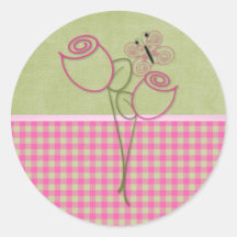 Rosebud Pink and Green Gingham Bottom Border Round Stickers