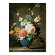 Roses, Ranunculus and Other Flowers in a Blue Vase Post Card