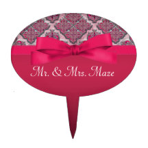 Rosy Red Embossed Damask Wedding Shimmer Oval Cake Toppers