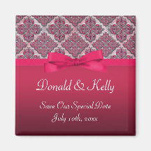 Rosy Red Embossed Damask Wedding Shimmer Magnets