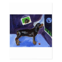 Rotweiler sees smiling moon postcard
