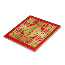 Rouge et tuiles chinoises de bonheur d'or doubles carreaux