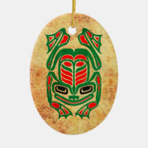 Rough Native Haida Art Frog, red green Christmas Tree Ornaments