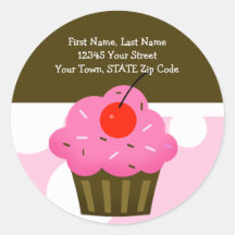 ROUND Address Labels Cherry Cupcake Brown/Pink Round Sticker