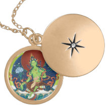 Round Locket Necklace - Green Tara - Gold Finish