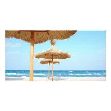 Row-of-beach-umbrellas BEACH GRASS UMBRELLAS OCEAN Photo Cards
