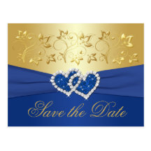 Royal Blue and Gold Floral Save the Date Card Postcard