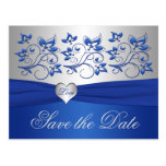 Royal Blue and Silver Heart Save the Date Card Post Cards