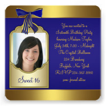 Royal Blue Gold Photo Sweet 16 Birthday Party Custom Invitation
