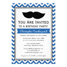 Royal Blue Moustache Chevron Birthday Party Personalized Invites