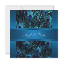 Royal Blue Purple Peacock Feathers Wedding Invite