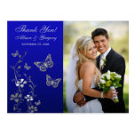 Royal Blue, Silver Floral Thank You Photo Postcard