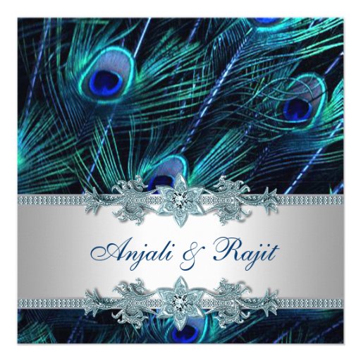Royal Blue Silver Royal Indian Peacock Wedding Invite