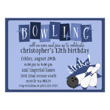 Royal Blue Totally Retro Bowling Birthday Party Custom Announcements
