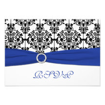 Royal Blue, White, Black Damask Reply Card Personalized Invitations