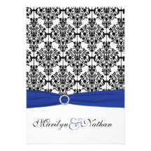 Royal Blue, White, Black Damask Wedding Invitation
