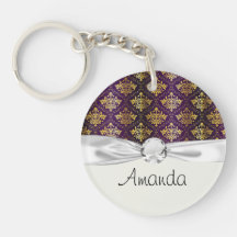 royal damask purple and gold pattern round acrylic keychain