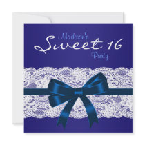Royal Navy Blue White Lace Blue Sweet 16 Party Personalized Invites