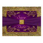 Royal Purple, Gold Floral Save the Date Postcard