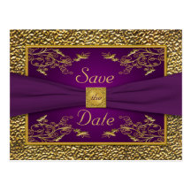 Royal Purple, Gold Floral Save the Date Postcard