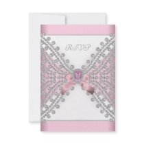 RSVP Birthday Party Pink Silver White Diamond Personalized Invitation