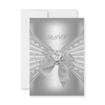 RSVP Engagement Diamond Heart White Silver Bow Personalized Announcements
