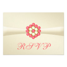 RSVP Ivory Satin Effect with Pearls & Ruby Gems Invitations