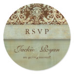 RSVP Wedding Stickers Damask Brown Green Vintage