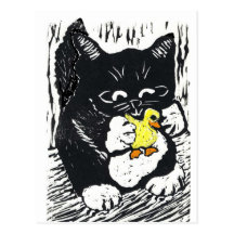 Rubber Duck & Kitten, Block Print Postcards