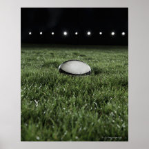 Rugby ball sitting on the grass pitch of a print
