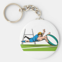 Rugby player diving scoring a try keychain