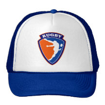 rugby player kicking ball shield trucker hat