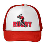 Rugby player running fending ball hat