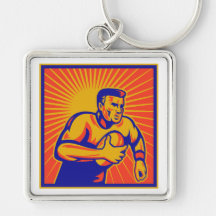 rugby player running with ball retro style key chains