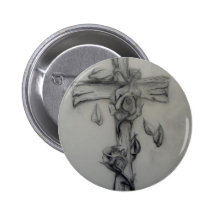 Rugged cross and roses pinback button