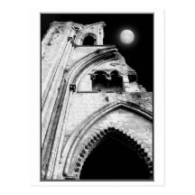 Ruins at Night. Black and White. Postcard