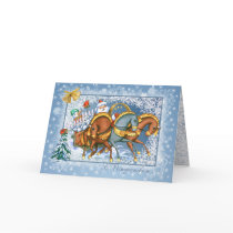 Russian Christmas - Troika,Santa,snowman,rabbits Greeting Card