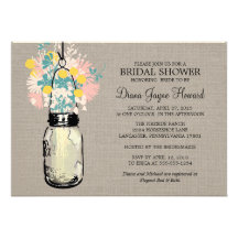 Rustic Burlap Mason Jar and Wildflowers Custom Invites