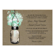 Rustic Burlap Mason Jar and Wildflowers Wedding Invite