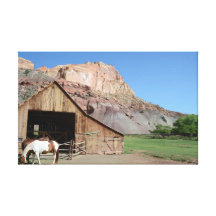 Rustic Horses Grazing at Stable Wrapped Canvas Art Gallery Wrapped Canvas