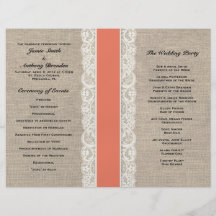 Rustic Lace & Burlap Coral Ribbon Wedding Program Full Colour Flyer