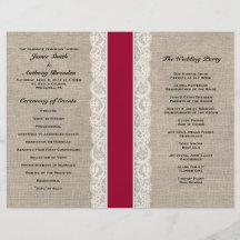 Rustic Lace & Burlap Red Ribbon Wedding Program Full Colour Flyer
